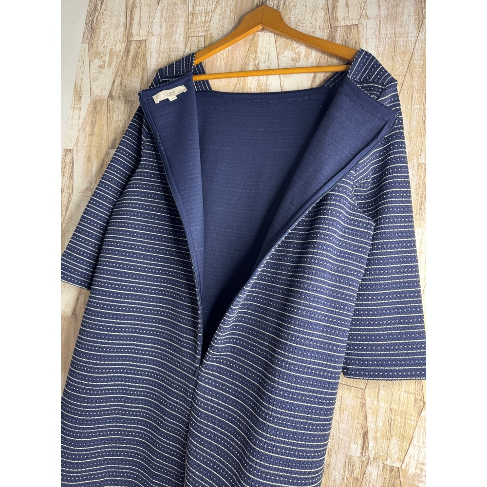 Loft Navy Blue Pinstripe Square‎ Neck Shift Dress XL 3/4 Sleeve Textured Knit - Picture 4 of 7